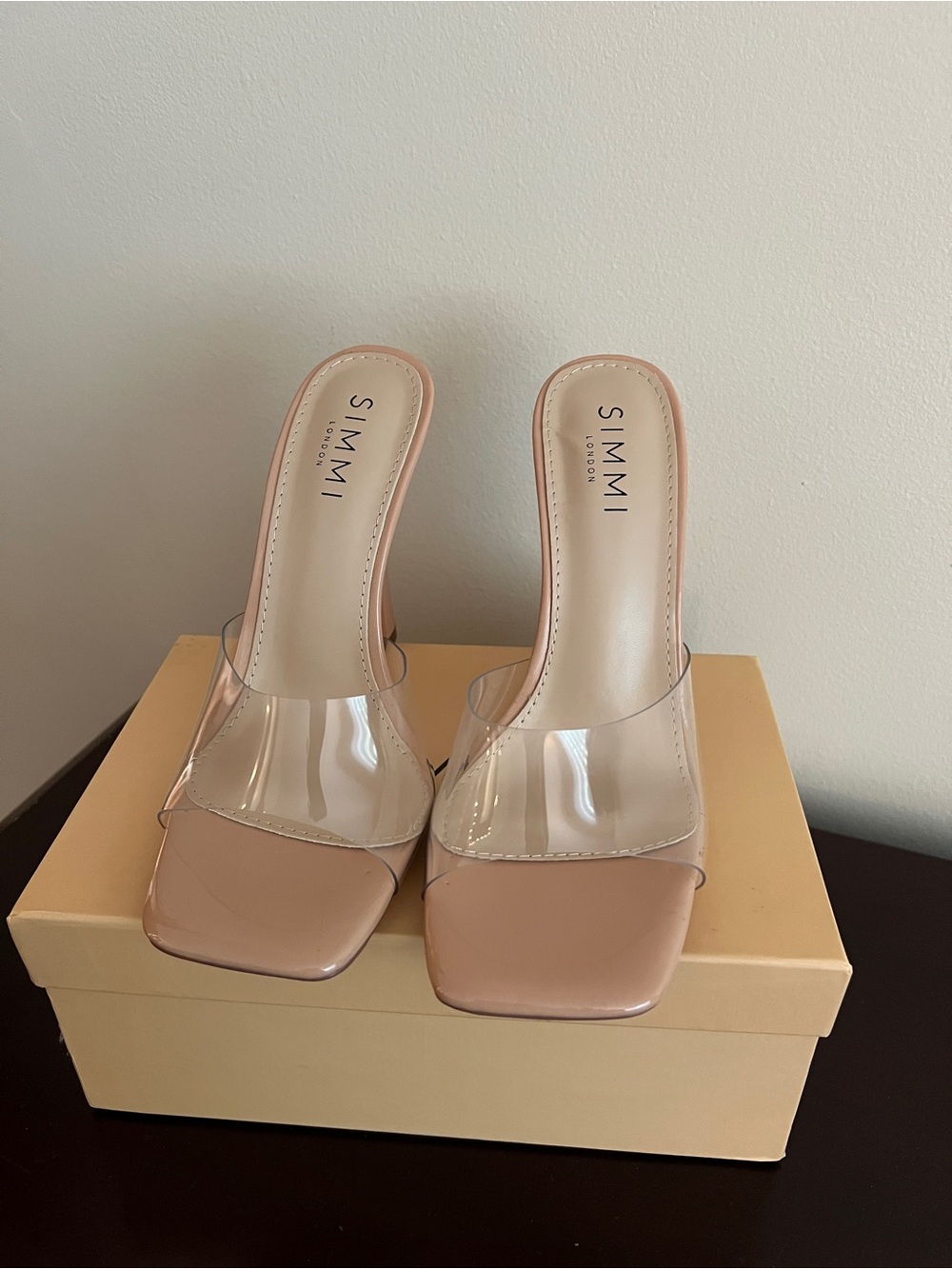 Nude Clear Strap Square Toe Heels